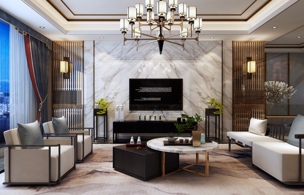 客廳窗簾裝修效果圖藍(lán)毓、新中式別墅中式現(xiàn)代客廳設(shè)計(jì)圖片賞析