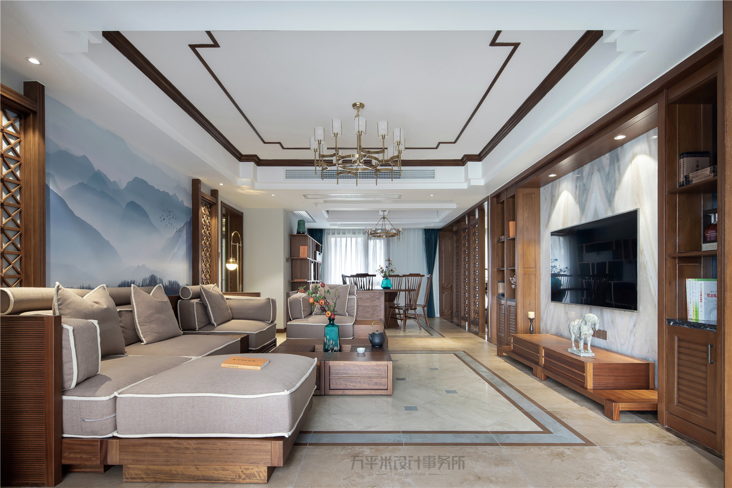 客廳電視背景墻裝修效果圖溫馨300平中式四居客廳裝飾圖中式現(xiàn)代客廳設計圖片賞析