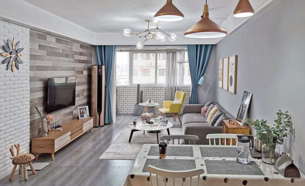 客廳窗簾裝修效果圖83㎡北歐風(fēng)，新婚小兩口的浪漫北歐極簡(jiǎn)客廳設(shè)計(jì)圖片賞析